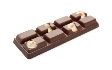 One tasty chocolate bar with nuts isolated on white