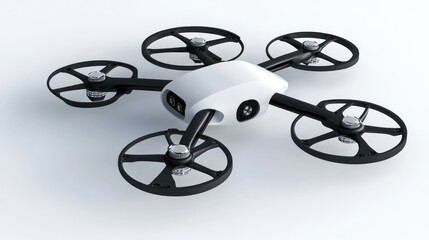 White drone with four black propellers on a white background.