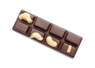 One tasty chocolate bar with cashew nuts isolated on white, top view
