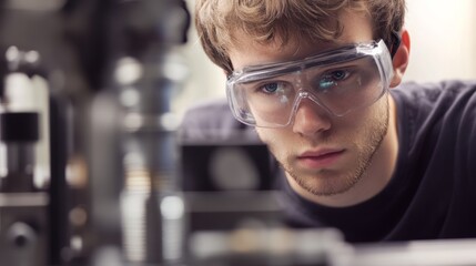 A US factory worker operating precision machinery, wearing safety goggles, isolated on a seamless white background,