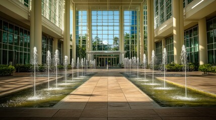 Sunlit atrium with multiple fountains and glass walls leading to an entrance.