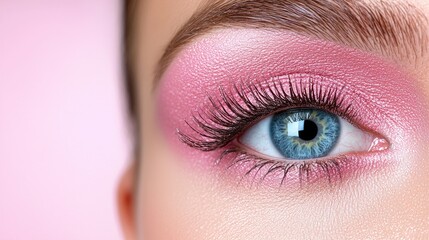Close-up eye makeup, pink eyeshadow, blue eyes, beauty, cosmetic advert