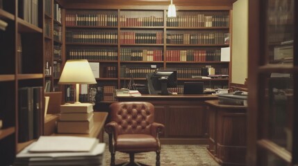 A cozy library office with a leather chair, wooden desk, bookshelves filled with books, and a lamp.