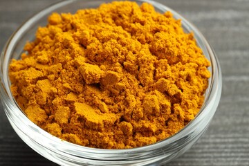Turmeric powder in glass bowl on grey wooden table, closeup