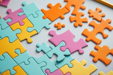 Curriculum education assessment concept. A vibrant assortment of jigsaw puzzle pieces in various colors, including pink, blue, orange, and yellow, scattered on a light background.