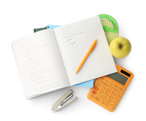 Doing homework. Notebook with math assignment, apple and stationery on white background, top view