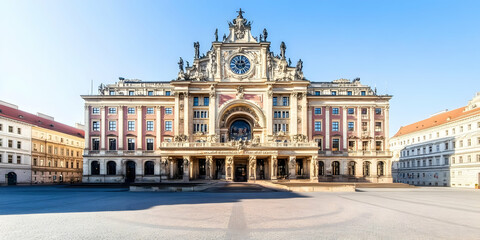Fototapeta premium Grand Building Stands Majestically in City Square, Featuring Intricate Architecture and a Clock Tower