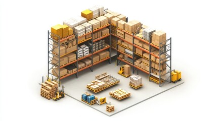 Naklejka premium Isometric view of a warehouse with shelves full of cardboard boxes and pallet jacks.
