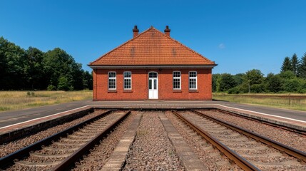 Fototapeta premium Charming Countryside Railway Station with Freight Train on Tracks in a Scenic Rural Landscape Historic and Vintage Style Architecture with Red Tile Roof