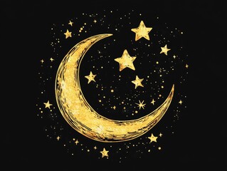 Naklejka premium Golden Crescent Moon and Stars on Black Background, Celestial Illustration