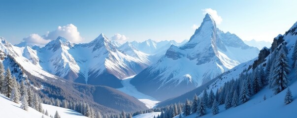 Majestic mountain range with snow-covered peaks in the distance, nature, snow