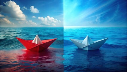 Obraz premium Two contrasting paper boats afloat on a serene ocean, symbolizing diverse paths and journeys