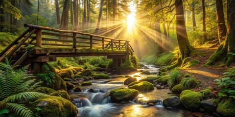 Serene Sunrise Over a Mossy Creek and Wooden Footbridge in a Lush Forest