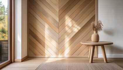 Fototapeta premium Empty Pale Wood Accents Wall Mockup in Scandinavian Interior with Natural Oak Side Table and a Stoneware Vase. Natural Daylight From a Window. Promotion Background.
