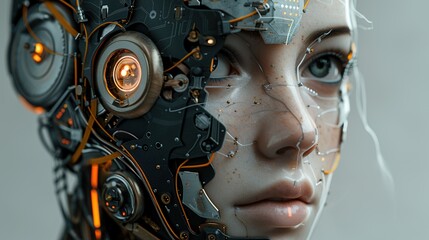 Fototapeta premium Futuristic Portrait of a Steampunk Cyborg Woman With a Perfectly Symmetric Face