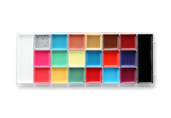 Bright face paint palette isolated on white, top view