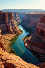 Rocky terrain with a winding river channel through Horseshoe Canyon, geological process, natural channels, arid land