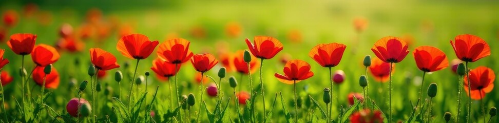 Fototapeta premium Row of red poppy flowers in a lush green meadow, blooms, meadow