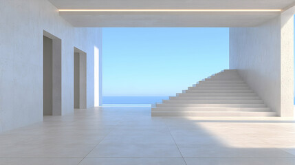 Obraz premium Modern minimalist house, ocean view, stairs, sunlight