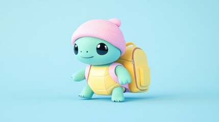 Cute cartoon turtle wearing a pink hat and carrying a yellow backpack on a light blue background.