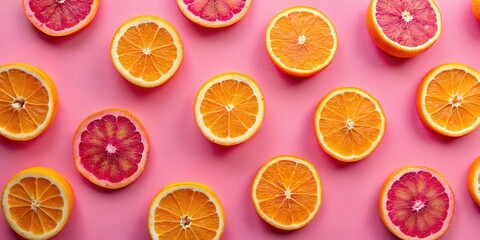 Vibrant Citrus Slices Arranged on a Pink Background A Delightful Pattern of Oranges and Grapefruits