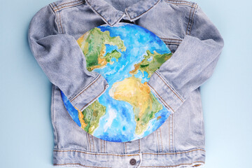 Sleeves of a denim jacket embracing of the planet on a blue background. Sustainability and...