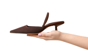 Woman with beautiful brown shoe on white background, closeup