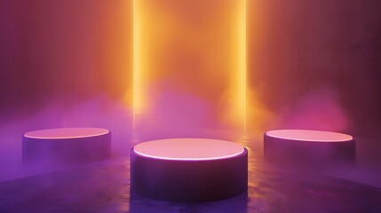 Three elevated circular podiums glowing in dynamic hues of yellow and magenta, surrounded by faint glowing mist in a minimalistic space.
