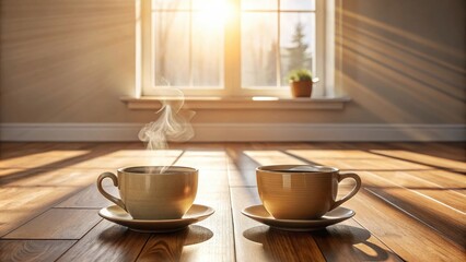 Fototapeta premium Two steaming mugs of coffee on a hardwood floor bathed in sunlight through a window.