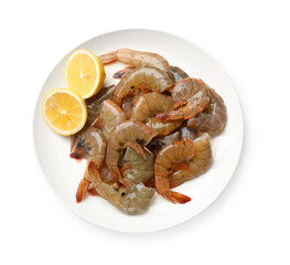 Fresh raw shrimps with lemon isolated on white, top view
