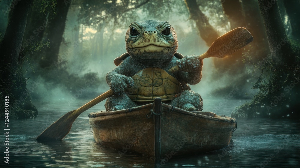 Sticker Anthropomorphic turtle in a canoe paddling on a misty lake, surrounded by lush forest.