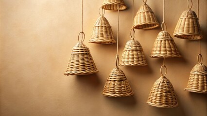 Obraz premium A collection of charming, handcrafted woven bell ornaments hanging against a neutral backdrop.