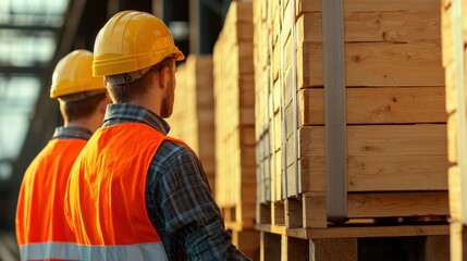 Fototapeta premium Construction workers in safety gear unloading crates from a train at a rural transportation hub showcasing teamwork and logistics in an industrial setting