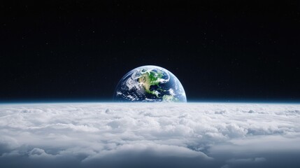 Earthrise above cloudscape, space view, environmental protection