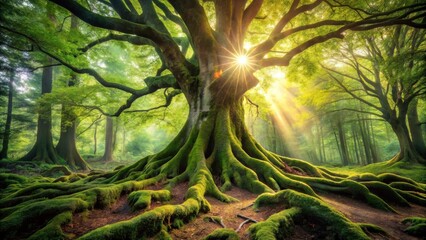 Majestic ancient tree with exposed roots covered in moss, bathed in sunlight filtering through a lush green forest