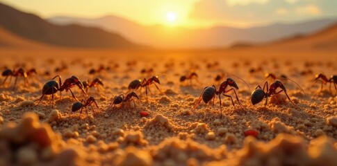 Obraz premium Swarms of fire ants blanket the ground like a living carpet, desert landscape, morning sun, earthy tones