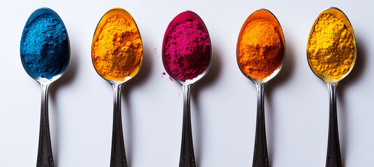 Holi festival color powders in silver spoons with bright blue, orange, pink, and yellow hues, representing cultural celebration, artistic expression, and vibrant festive spirit.