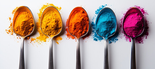 Holi festival color powders in silver spoons with bright blue, orange, pink, and yellow hues, representing cultural celebration, artistic expression, and vibrant festive spirit.