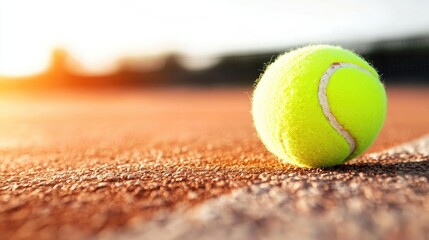 Tennis ball on clay court at sunset