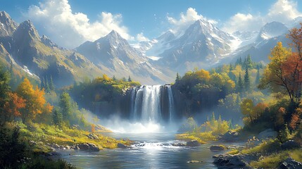 Fototapeta premium Majestic waterfall, autumn mountains, scenic valley, idyllic landscape, nature poster