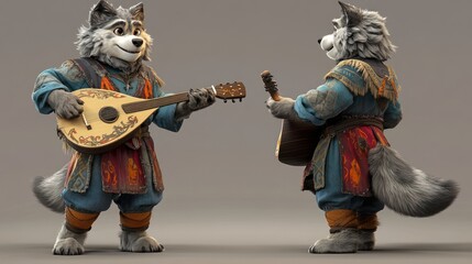 Anthropomorphic wolf character playing a lute, shown from two angles.
