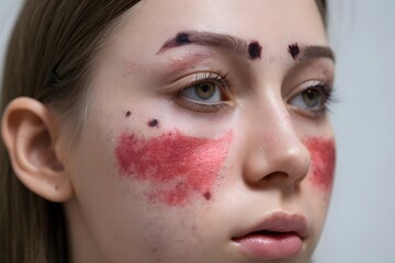 Closeup Face of Young Woman with Acne Problems, Couperosis, Scars, Blackheads. Vertical Plane, Skin Problems.