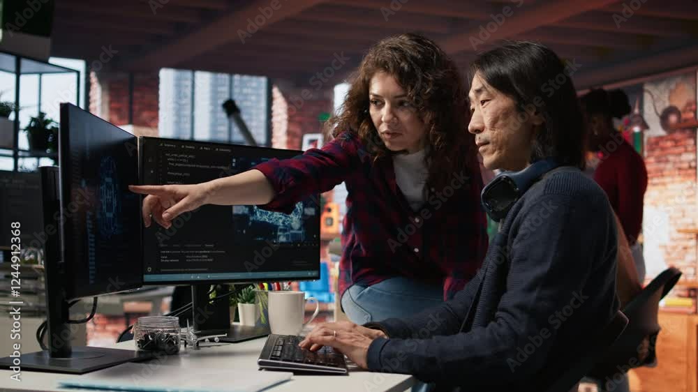 Poster coworkers collaborating in ai tech agency providing software development services. teamworking start