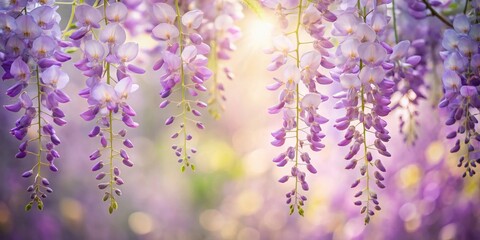 Naklejka premium Serene Purple Wisteria Blossoms Cascading in Gentle Sunlight