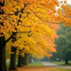 Fototapeta premium Colorful yellow leaf falls from bare tree branch, autumn, foliage, fall