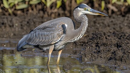 Great blue heron standing in shallow water among marsh plants during daylight hours in a natural habitat