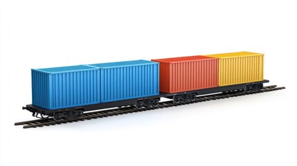 Obraz premium Colorful cargo containers on a train on tracks, isolated on white background.