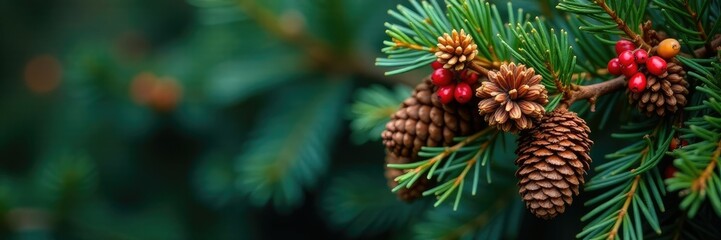 Fototapeta premium Fir tree with a mix of small and large pinecones and holly berries, pinecone, evergreen, natural