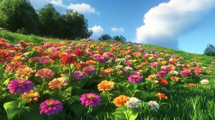 Vibrant wildflowers bloom on a sunny hillside.