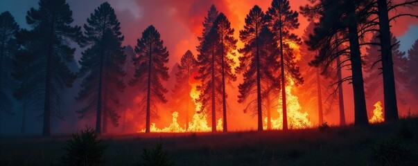 Fototapeta premium Flames engulfing tall trees in a dense forest, smoke, blaze, landscape